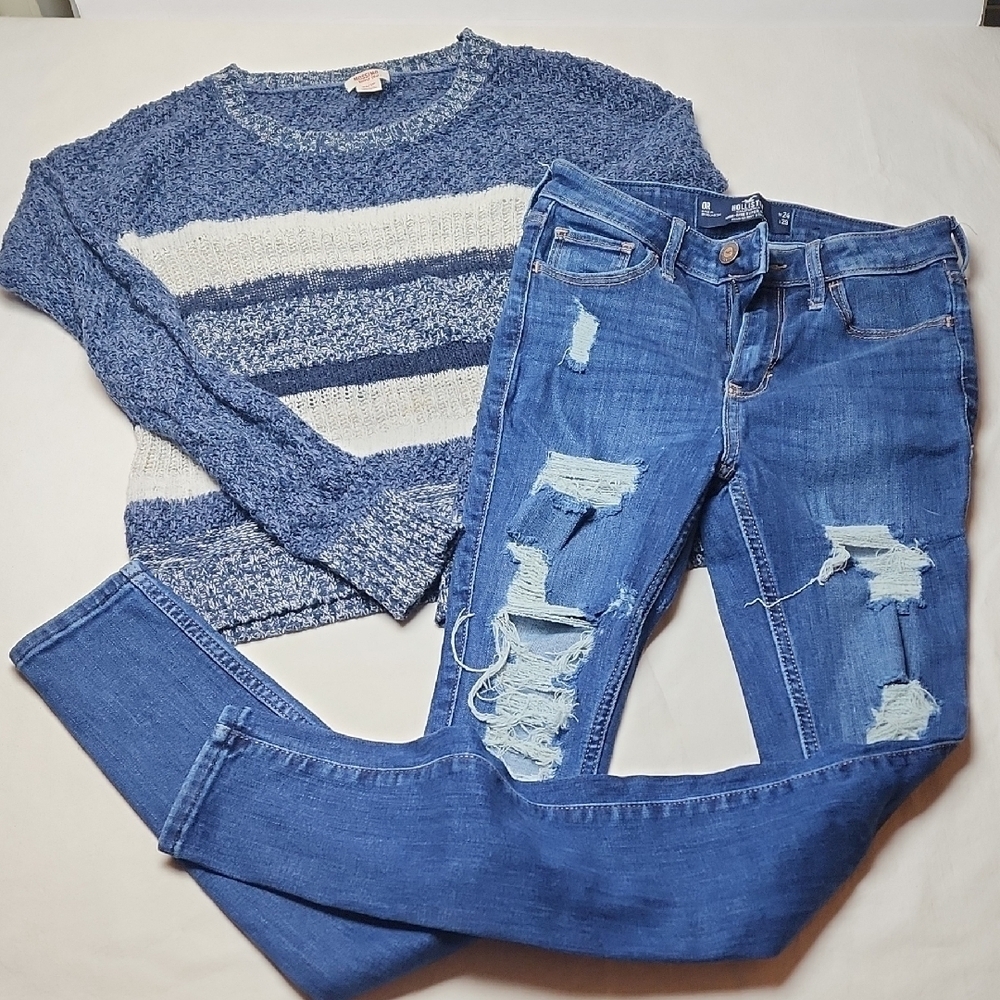 Bundle XS Mossimo Supply Co. Blue Knit Striped Sweater 24x29 0R Hollister Jeans